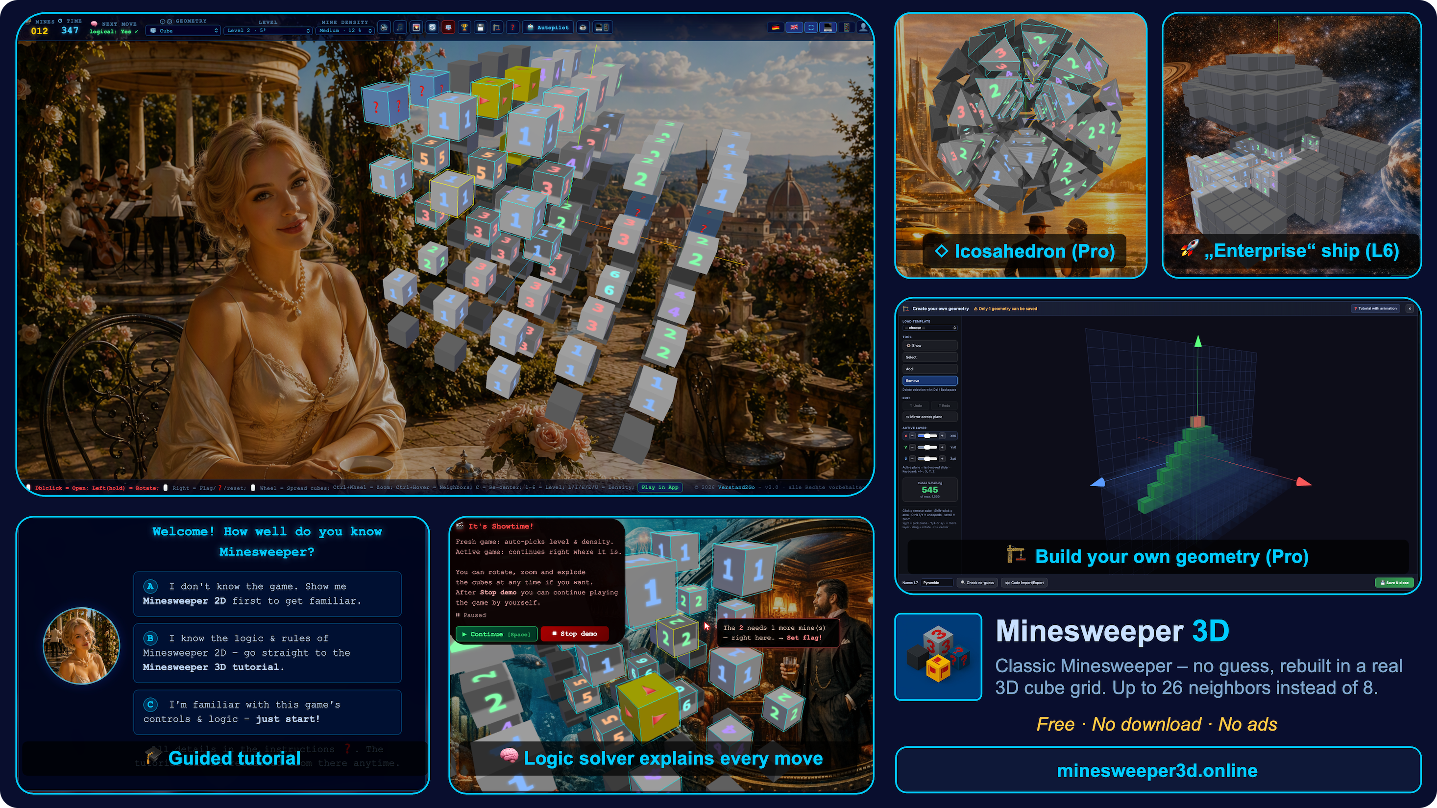 Minesweeper 3D collage – 3D cube grid, icosahedron levels, enterprise ship shape, sub-region mode, logic solver