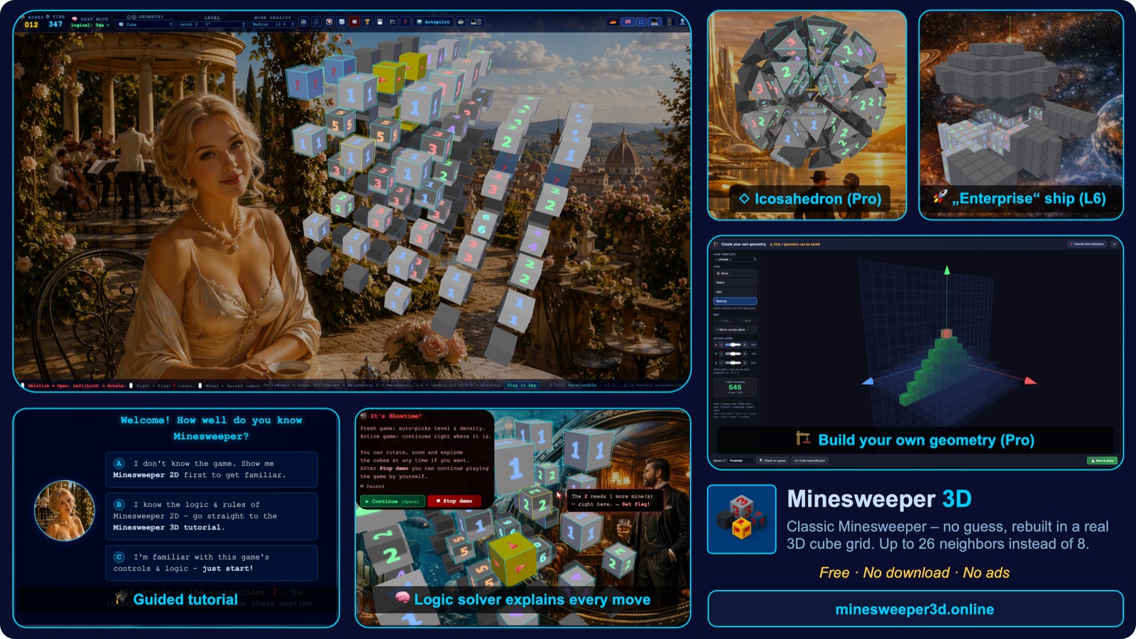 Minesweeper 3D collage – 3D cube grid, icosahedron levels, Enterprise ship shape, geometry editor, guided tutorial and logic solver