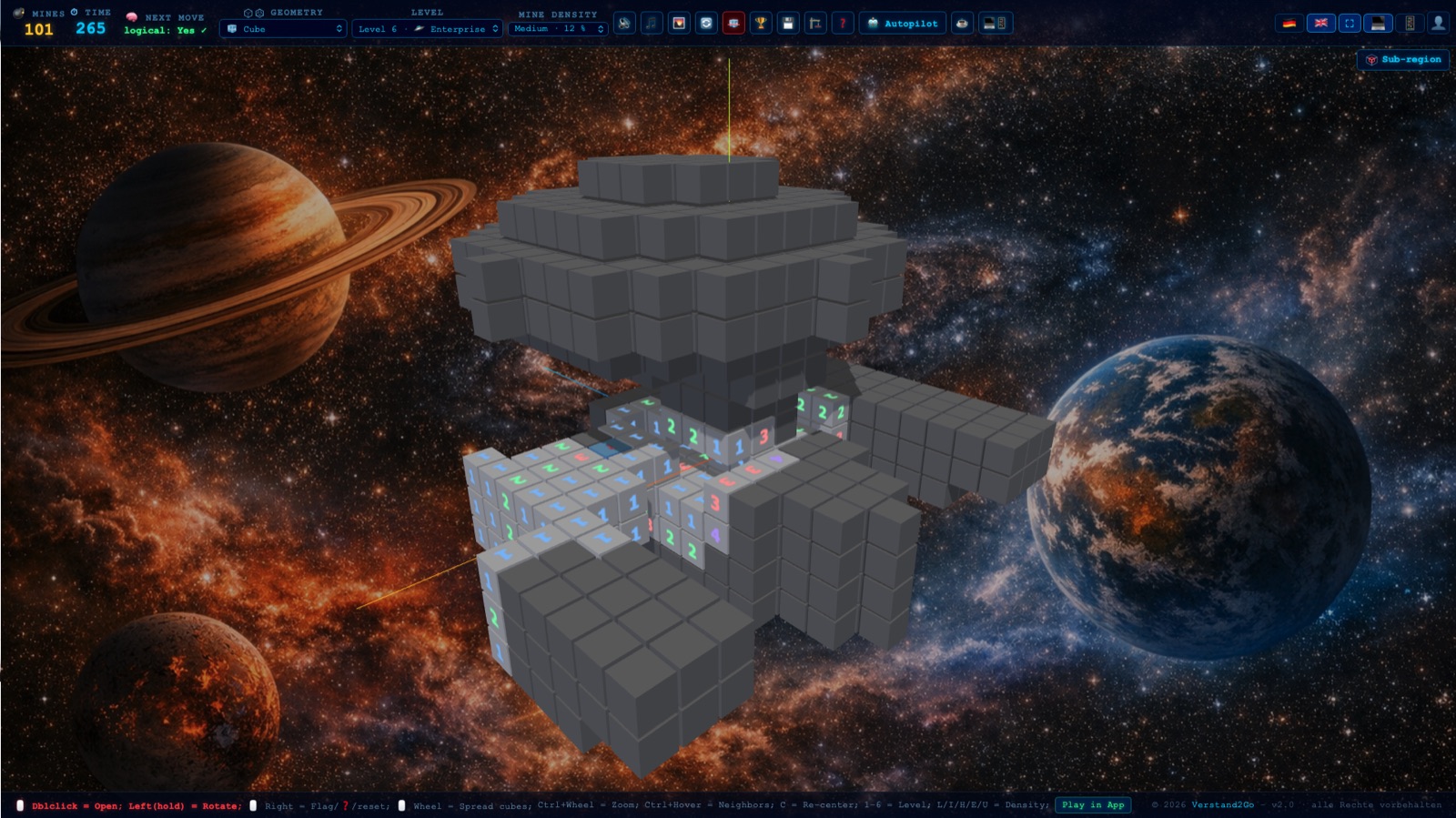 Nivel Enterprise de Minesweeper 3D: cubos con la forma de la nave NCC-1701 delante de un planeta