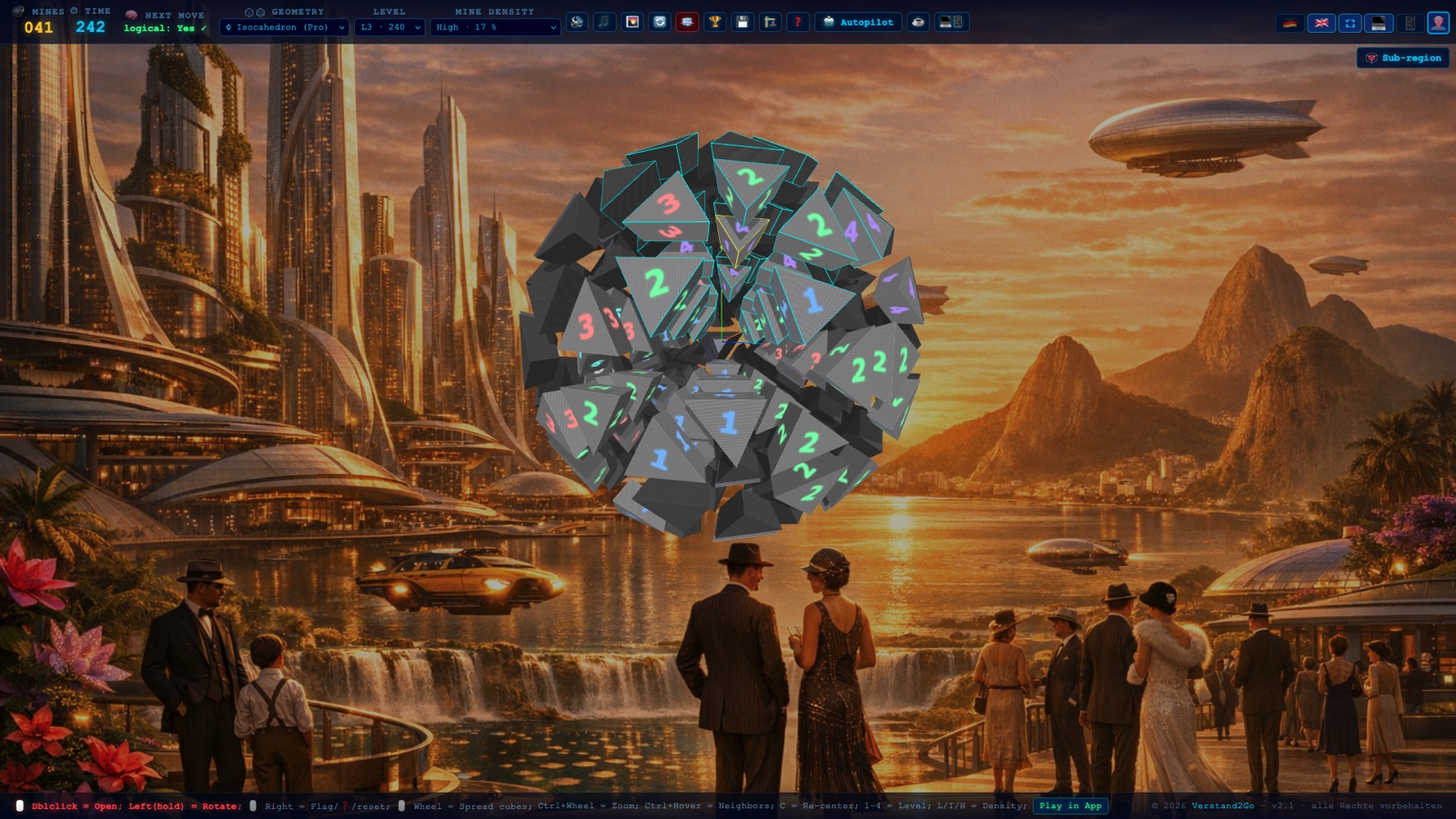 Nivel de icosaedro de Minesweeper 3D: capas esféricas anidadas de celdas numeradas, resolubles sin adivinar